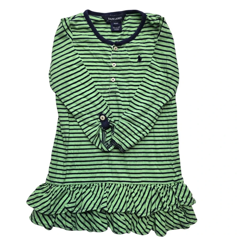 Ralph Lauren Girls 4/4T Green Navy Striped Henley Ruffle Hem Dress Preppy Boho